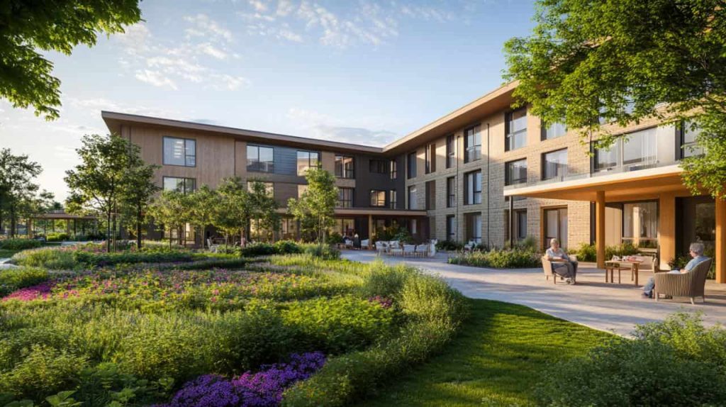 Vue extérieure d'une nouvelle construction avec appartements et balcons, entourée d'un jardin luxuriant, évoquant le cadre de vie idéal des résidences séniors à Orléans.